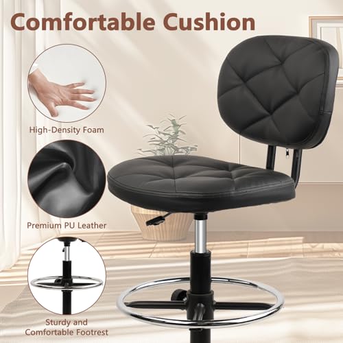 Image of KLASIKA PU Leather Rolling Stools with Foot Rest and Back Support, Adjustable Diamond Upholstered Drafting Chair with Wheels, Multi-Purpose Desk Chair for Home Office Bar Kitchen Shop, Black (2PK)