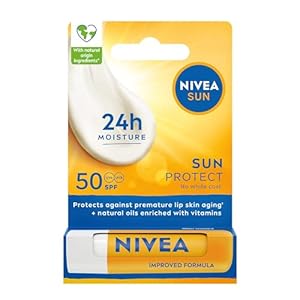 NIVEA SUN Protect Caring Lip Balm SPF50 (5.5ml), Factor 50 Lip Balm with Shea Butter, Protection Against UVA/UVB Rays with 24H Moisture, Lip Care, No White Cast