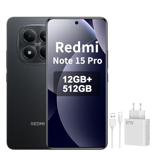 XIAOMI REDMI Note 15 Pro 4G - Smartphone de 12+512GB, batería de 6500 mAh, cámara de 200 MP, Pantalla AMOLED FHD+ de 6,77 Pulgadas, Negro, Included 67W Charger