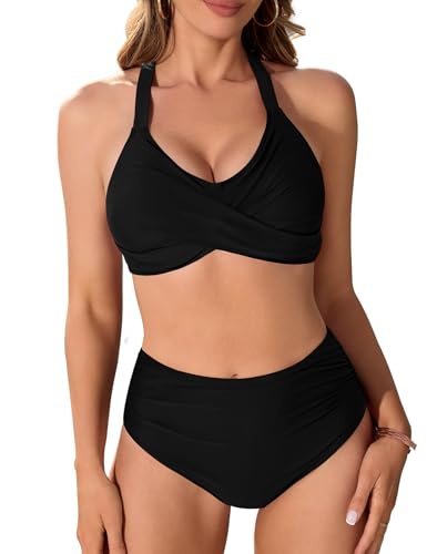 Women's Two Piece Swimsuits Full Coverage Bikini Set Tummy Control Bathing Suit Push Up V Neck Twist Front Swim Suits