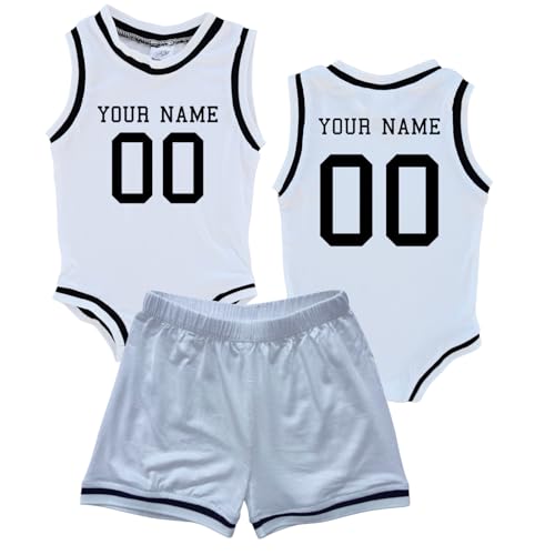 Custom Sleeveless Basketball Sport Jersey Bodysuit with Matching Shorts Outift for Babies - Personalized with Name & Number (White, 3-6 months)
