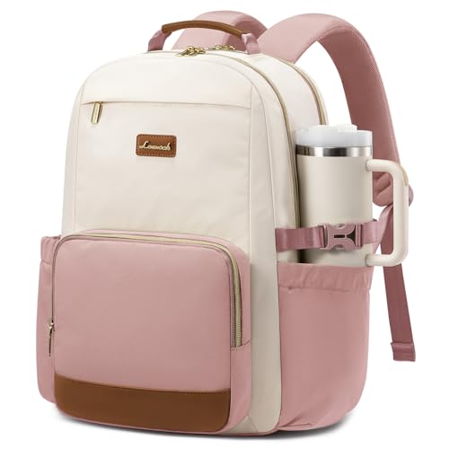 Image of LOVEVOOK Laptop Backpack for Women with Pouch Pocket for Large Capacity Cup,17 Inch Teacher Nurse College Work Backpack Purse,Waterproof Laptop Bag Computer Back Pack for Travel, Beige-Pink-Brown