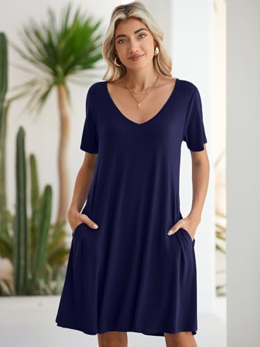 Image of BELAROI Women Casual Summer Dresses Loose Tshirt Beach Sundress V Neck Plus Size Swing Tunic Pockets