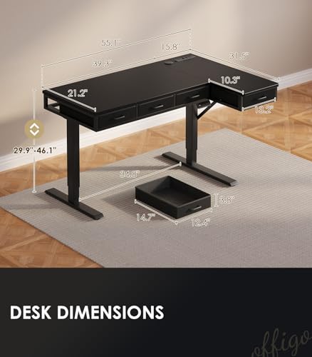 Image of OffiGo 55 Inch L Shaped Electric Standing Desk with 4 Drawers, Black | Reversible Corner Table, Office Desk With 4 Drawers and Outlets For Home Office, Computer Workstation And Sit Stand Use