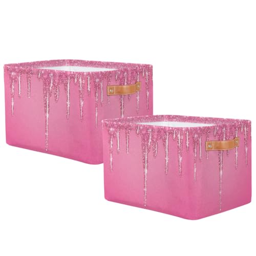 Image of Pink Sparkly Storage Baskets for Organizing, Fabric Collapsible Storage Bins Box Pink Glitter DecorativeToy Organizer Baskets for Closet Shelves Gift Basket 2Pcs