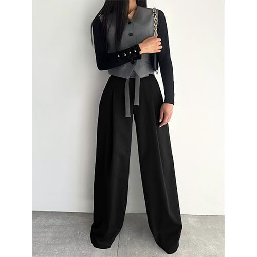 Women's Casual Wide Leg Pants Tie High Waist Straight Leg Pants Commuter Pants4