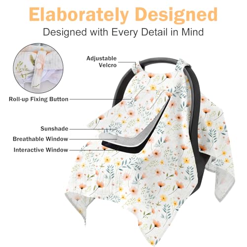 Image of Baby Car Seat Cover with Mesh Window, 100% Cotton Carseat Covers Baby Boy Breathable Infant Car Seat Cover Spring Summer Baby Carseat Cover Lightweight Infant Car Seat Canopy - Floral
