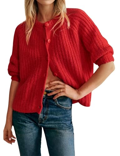 Image of Women's Casual Puff Long Sleeve Crew Neck Cardigan Button Down Open Front Knit Loose Sweater Outwear