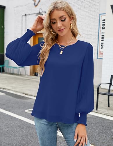 Image of Aifer Womens Tops Dressy Casual Long Sleeve Shirts Chiffon Blouses | Sheer Pleated Lantern Sleeves, Crew Neck, Back Keyhole, Versatile, Ideal for Office Workwear, Daily Outfits, Party Looks