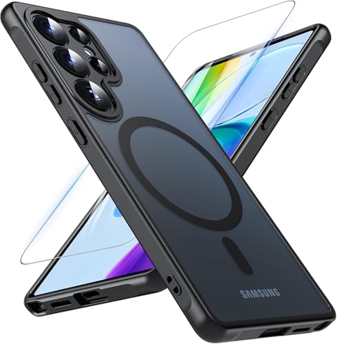 For Samsung Galaxy S25 Ultra Magnetic Case and Screen Protector Accessories, TPU+PC Shockproof Bumper Mobile Phone Case, Matte Skin-friendly Anti-fingerprint Slim Fit Protective Casing