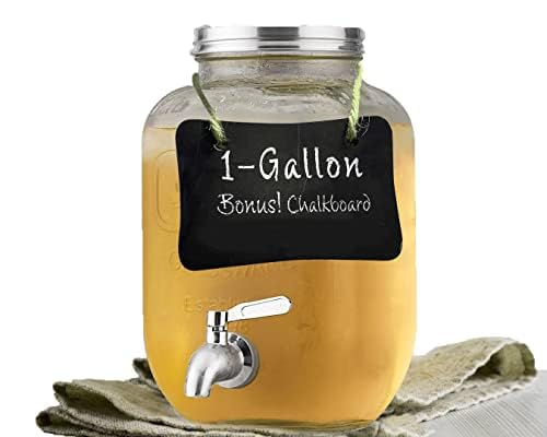 Palais Essentials1 Gallon Glass Water Dispenser with Stainless Steel Spigot - 100% Leakproof Beverage Dispenser Mason Jar Drink Dispenser Gallon Jug - Laundry Detergent Holder. (With Chalkboard)