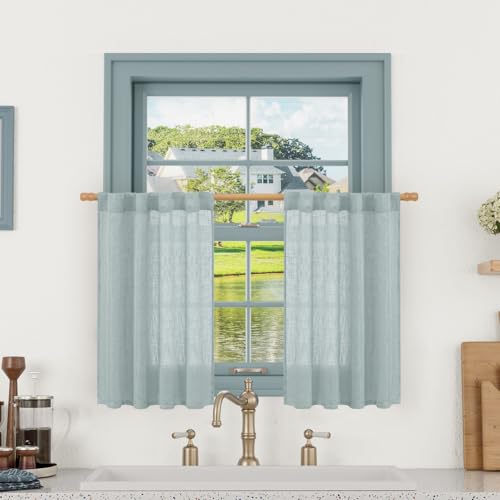 LAMIT Greyish Blue Linen Short Curtains 30 Inch Length, Semi Sheer Light Filtering Window Panels Back Tab and Rod Pocket Drapes for Basement/Small Windows, 25 x 30 Inch, 2 Panels