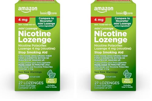 Image of Amazon Basic Care Nicotine Polacrilex Mini Lozenge, 4 mg (Nicotine), Stop Smoking Aid, Mint Flavor, 27 Count (Packaging May Vary) (Pack of 2)