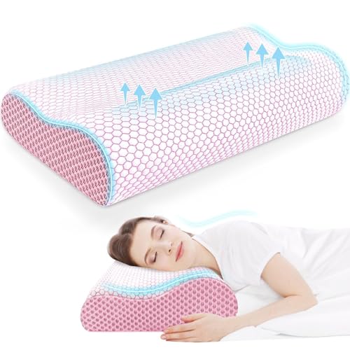 Image of CloudBliss Memory Foam Pillow, Ergonomic Neck Contour Cervical Pillow for Back and Shoulder Pain, Orthopedic Pillow for Neck Pain Relief, for Sleeping Side, Back, Stomach Sleepers - Pink, Standard