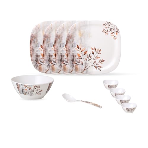Image of Golden Fish 10 Pcs Dining Set with Serving Bowl & Spoon | 4 Full Plates, 4 Veg Bowls, 1 Donga & 1 Serving Spoon | Clean Table Setup Dinnerware for Home Use, Daily Meals & Gifting