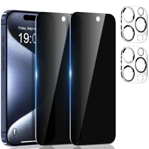 Prybaw [2+2 Pack 15 Pro Max Privacy Screen Protector Tempered Glass Accessories with Camera Lens Protector, Anti-Spy Tempered Glass Film,9H Hardness, Easy Installation for Apple 15 Pro Max 6.7 Inch