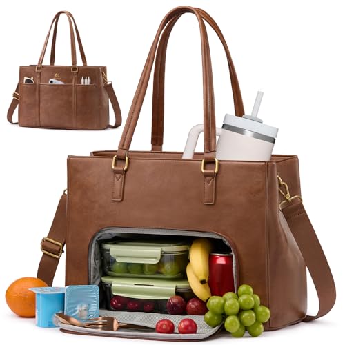 Image of LOVEVOOK Lunch Bag for Women, Leather Work Laptop Tote Bag with Insulated Lunch Compartment&Cup Holder, 15.6 Inch 2 in 1 Lunch Tote for Business, Teacher, Nurse, Office, College, Casual