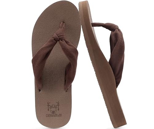 KuaiLu Flip Flops Women Arch Support Yoga Mat Comfortable Summer Beach Walking Thong Cushion Sandals Slip on Pool Outfits Travel Essentials Orthotic Slides Indoor Outdoor Slippers Shoes Brown Size 8