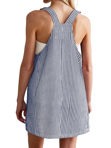 Image of Yousify Womens Casual Denim Dress Summer Striped Overalls Romper Adjustable Straps Sleeveless Jean Dresses with Pockets