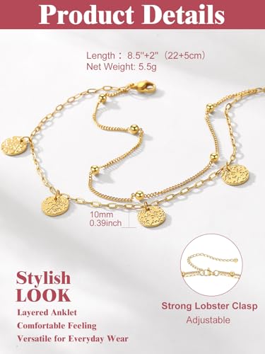Image of FOCALOOK 14K Gold Plated Anklets for Women Waterproof Plus Size Ankle Bracelet 8.5-10.5 Inch Adjustable Mariner /Figaro /Flat Snake /Cuban Link Chain Anklet Jewelry for Summer Beach Holiday