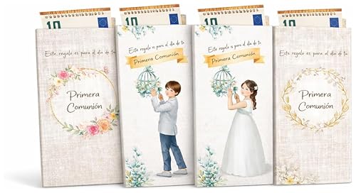 A ARGUVAL EDITORIAL Billeteros magico Primera Comunión Niña y Niño, Pack de 4 modelos | Papel Estucado 200g | Ilustraciones Originales | Estampado Plata Elegante | Tamaño 16,5x11 cm | Regalo Dinero