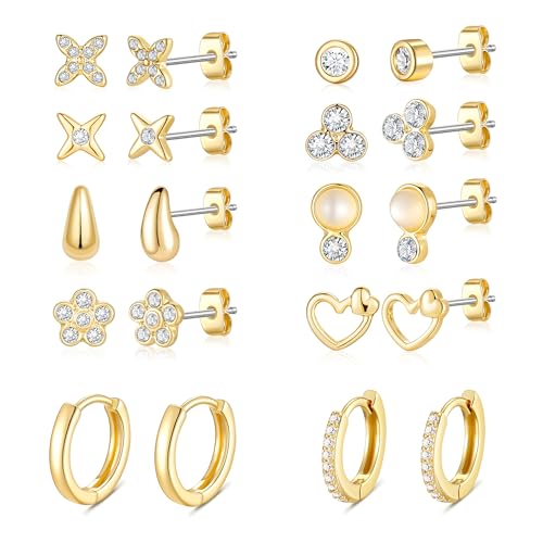 Image of KesaPlan Stud Earrings for Women 14K Gold Plated Hypoallergenic Hoop Earrings Set Small Studs Hoop Huggie Earring Multiple Piercing Star Heart Ball Cubic Zirconia Studs Stacks Trendy for Women Men