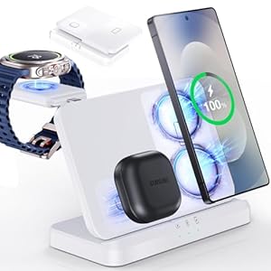 EGV Wireless Charger for Samsung – 3 in 1 Wireless Charging Station for Galaxy S25 Ultra S24 S23, Z Fold Flip 7/6, Detachable Watch Charger for Galaxy Ultra 8/7, Foldable, No Adapter, White