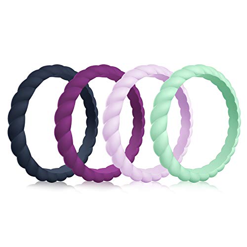 Mokani Silicone Wedding Ring for Women, 4-Pack Thin and Braided Rubber Band, Fashion, Colorful, Comfortable fit, Skin Safe, Size 7