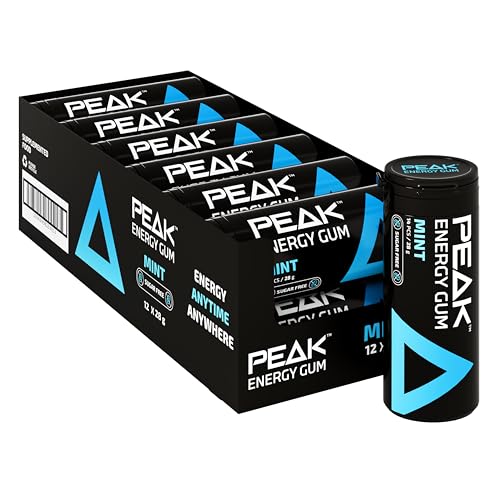 Peak Energy Gum (12 Pack, 28g) Mint Flavor – Caffeinated Chewing Gum for Energy Boost | Sugar-Free, with Incorporated Vitamin Benefits (B3, B5, B6, B12) for Focus & Performance