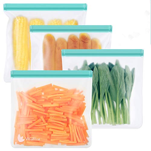Reusable Gallon Freezer Bags - 4 Pack, Wattne LEAKPROOF Reusable Ziplock Storage Bags Easy Seal, BPA/Plastic Free Bags EXTRA THICK for Marinate Meats, Fruit, Cereal, Sandwich,Snack,Travel Items,Green