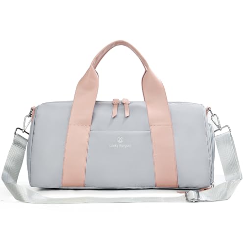 Pequena bolsa de ginástica feminina com bolso molhado e compartimento de sapatos, linda mini bolsa esportiva esportiva para ioga, treino, dança, natação, Cinza e rosa, Small