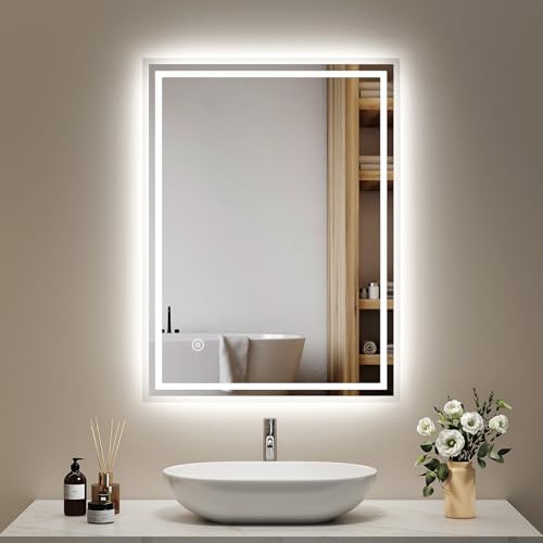 EMKE Badspiegel mit Beleuchtung 80x60cm LED badspiegel mit 3 Lichtfarben Dimmbar, Antibeschlag, Touch, Einfach Install Explosionsschutz Badezimmerspiegel