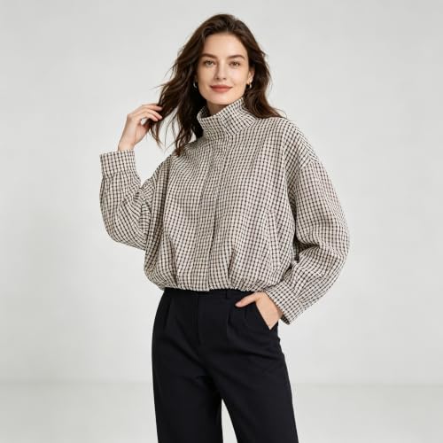 Plaid Bomber Jacket Women Oversized Cropped Funnel Neck Gingham Jacket - image 3