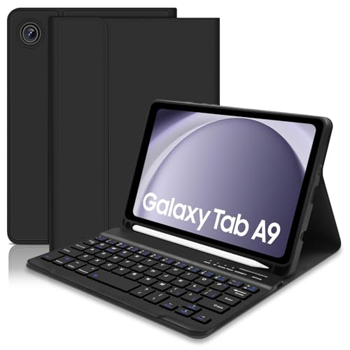 Keyboard Case for Samsung Galaxy Tab A9 8.7 Inch 2023, Built-in S Pen Holder - Slim Smart Cover with Detachable Bluetooth Keyboard for Samsung Galaxy Tab A9-Black