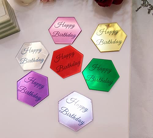 Set Of 12Pcs Hexagon Cake Topper Disc, Happy Birthday Mirror Acrylic Cake Discs, Topper Decor For Cupcake,Mini Acrylic Cake Toppers (Gold Mirror) #TOP7