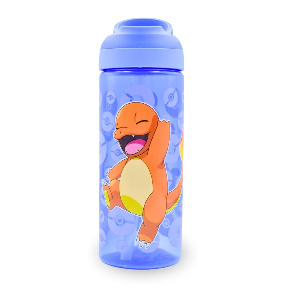 HOX POKEMON CHARMANDER Reusable BPA free Kids Atlantic Water Hydration Bottle with built in Carry Loop, Flip Up Spout and removeable straw - 600ml, White/Opaque