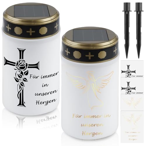 GAOUTO 2 Stück Grablicht, Solar LED Grablicht mit Erdspieß, Wasserdichtes Grabkerze Solar mit 4 Aufkleber, Grableuchte, Outdoor Friedhofskerze Solarbetrieben mit Lichtsensor, Kerzen Outdoor, 7 x12 cm