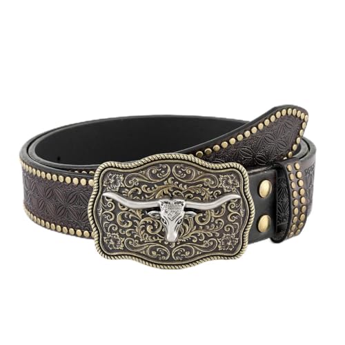 Women Men Studded Leather Snap Belt Vintage Western Carved Animal Buckle Cowboy Cowgirl Country Embossed Waist Strap