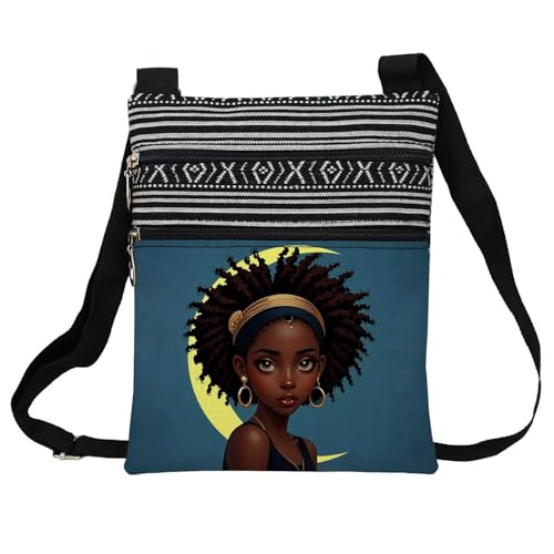 African American Messenger Bag Small Ethnic Pattern Printed Adjustable Strap Crossbody Zipper Pouch Moon Afro Woman Phone Organizer Wallet Cute Shoulder Handbag for Black Women