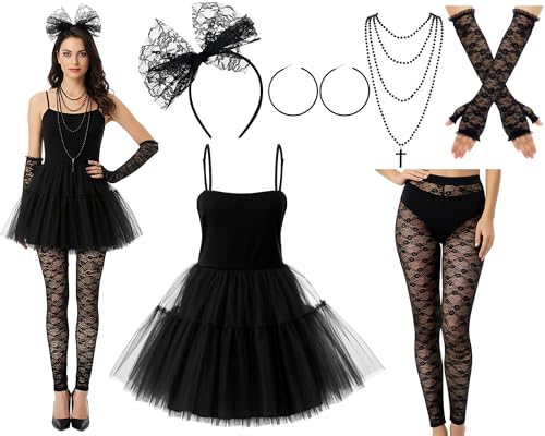 Jamntower Womens 80s Pop Star Costumes Tutu Dress with Accessories Costume Set Halloween 80s Themed Outfit for Women (Black M)