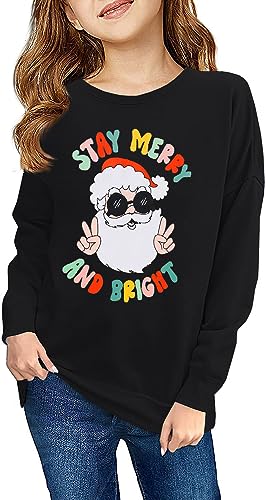 Haloumoning Sweatshirt Mädchen Weihnachtspullover Lustig Rundhals Pullover Winter Oberteile für Kinder, Schwarz-Weihnachtsmann, 9-10 Jahre