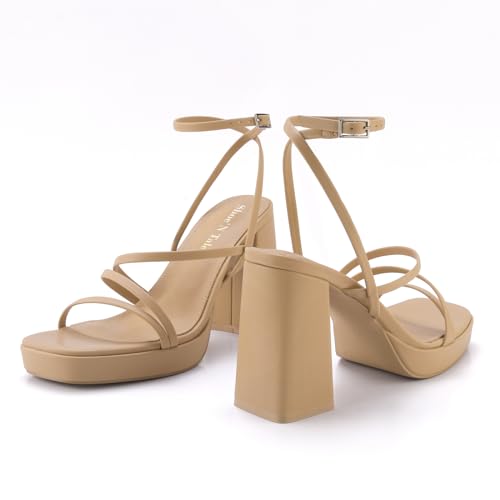 Image of Shoe'N Tale Platform Heels for Women Strappy Block Chunky Heels Square Toe Ankle Buckle Sandals