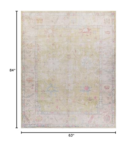 Image of Hauteloom Zinnia Vintage Distressed Faded Area Rug - Oriental Bohemian Turkish Floral Carpet - Machine Washable Rug - Stain Resistant - Pet Friendly - Pink, Green, Blue - 5'3 inch x 7' (5x7)