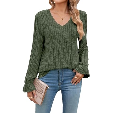 LURANEE Womens V Neck Tops, Fall Sweaters 2024 V Neck Puff Long Sleeve Tops Trendy Soft Knitted Pullover Dressy Blouses Army Green M Cover