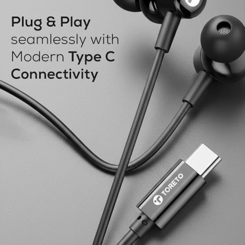 Image of Toreto Tunz Pro C Type Earphones Wired, 13mm Bass Drivers, Inline Control Type C Inear Headphones with Mic, Signature Sound,Sweat Resistant, Comfort Fit Type c Earphone