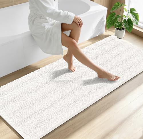 Image of Smiry Thick Chenille Bathroom Runner Rugs 70x24, Absorbent Bath Mat, Ivory