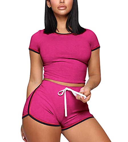 2 Piece Shorts Set for Women - Sexy Short Sleeve Crop Tops + Skinny Shorts Tracksuit Medium Stripe Rose