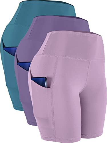 CADMUS Women's High Waist Spandex Yoga Shorts for Bike Running Two Side Pockets,10,Light Pink & Light Purple & Green,XXX-Large
