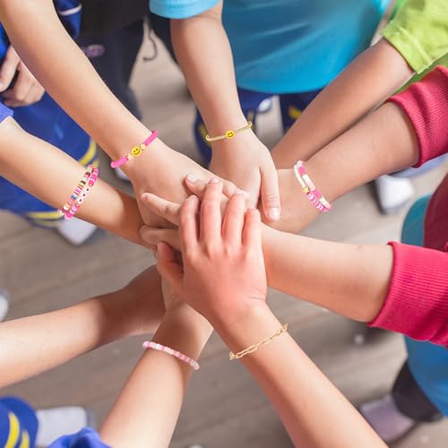 Image of Preppy Bracelets Set Colorful White Gold Smile Heart Star Polymer Beaded Pearl Clay Stackable Charm Y2K Kidcore Aesthetic Summer Beach Bohemian Stretch Layering Bracelets Jewelry for Girls Women Teens