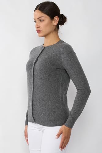 Image of JENNIE LIU Women's 100% Cashmere Button Front Long Sleeve Crewneck Cardigan Sweater